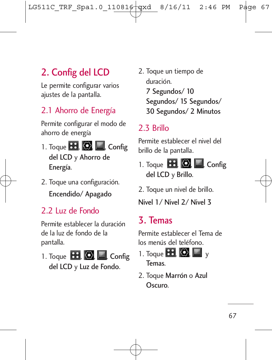 Config del lcd, Temas, 1 ahorro de energía | 2 luz de fondo, 3 brillo | LG LG511C User Manual | Page 181 / 240