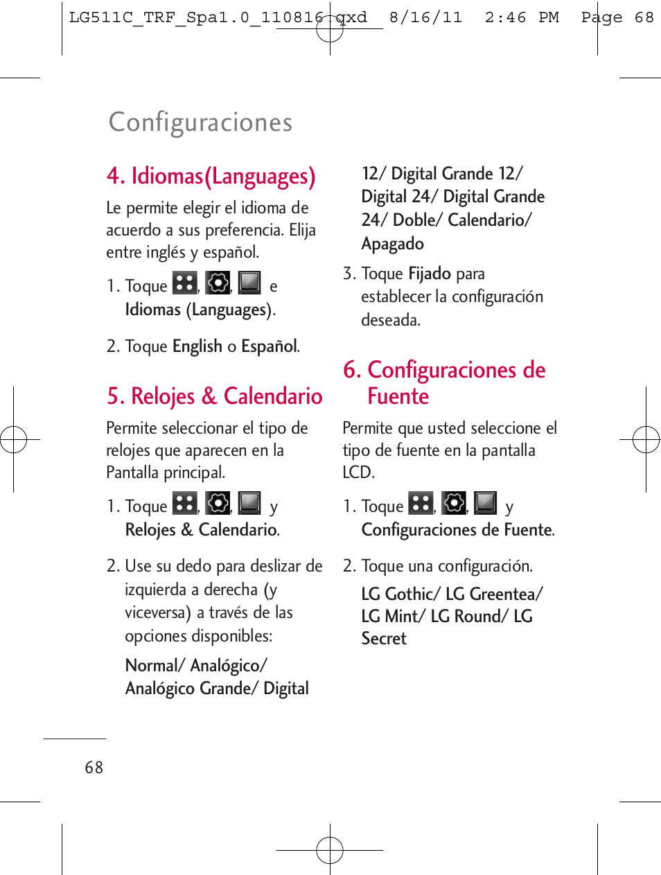 Configuraciones, Idiomas(languages), Relojes & calendario | Configuraciones de fuente | LG LG511C User Manual | Page 182 / 240