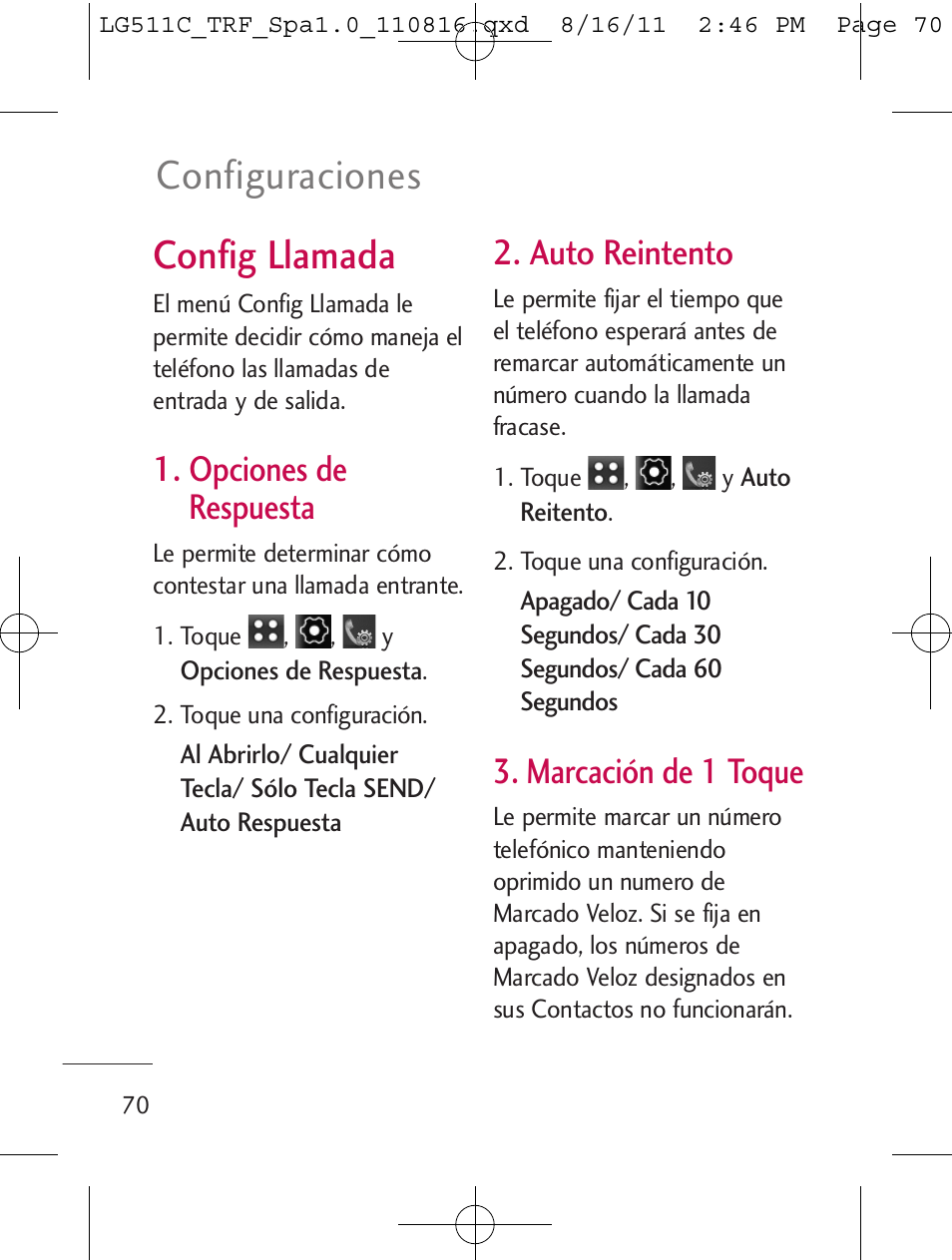 Config llamada, Configuraciones, Opciones de respuesta | Auto reintento, Marcación de 1 toque | LG LG511C User Manual | Page 184 / 240