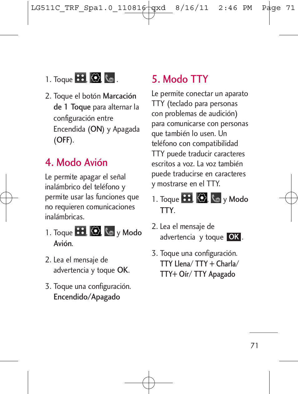 Modo avión, Modo tty | LG LG511C User Manual | Page 185 / 240