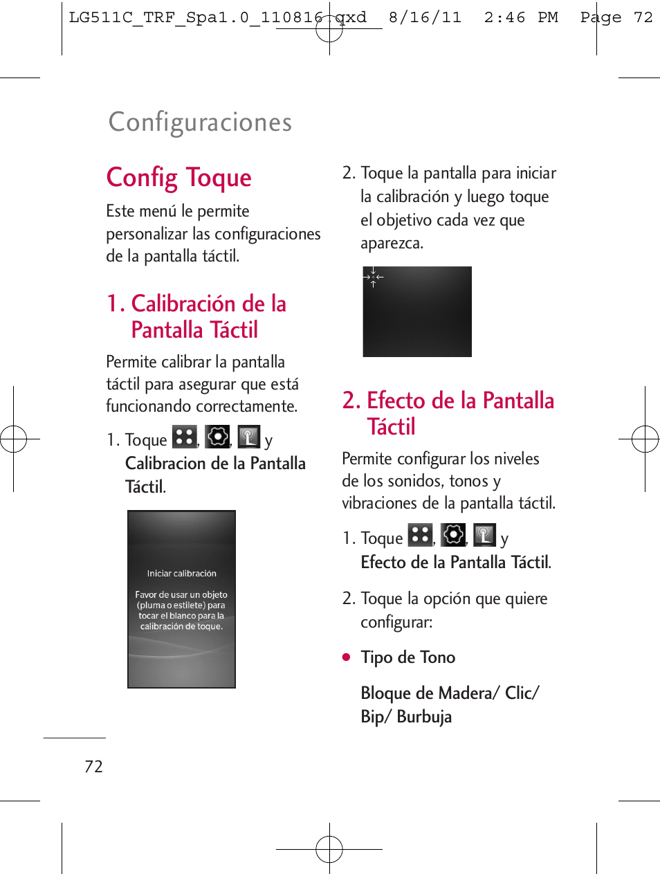 Config toque, Configuraciones, Calibración de la pantalla táctil | Efecto de la pantalla táctil | LG LG511C User Manual | Page 186 / 240