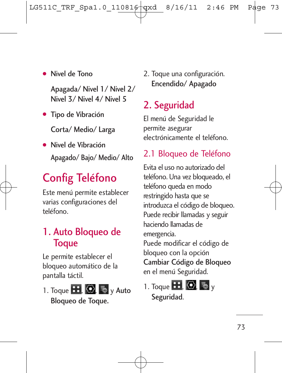 Config teléfono, Auto bloqueo de toque, Seguridad | 1 bloqueo de teléfono | LG LG511C User Manual | Page 187 / 240