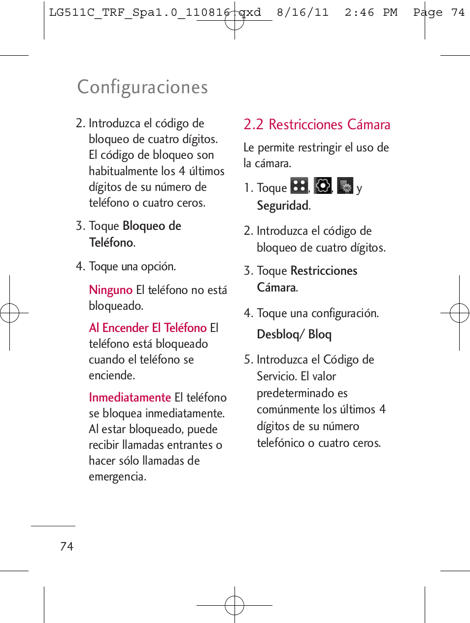 Configuraciones, 2 restricciones cámara | LG LG511C User Manual | Page 188 / 240