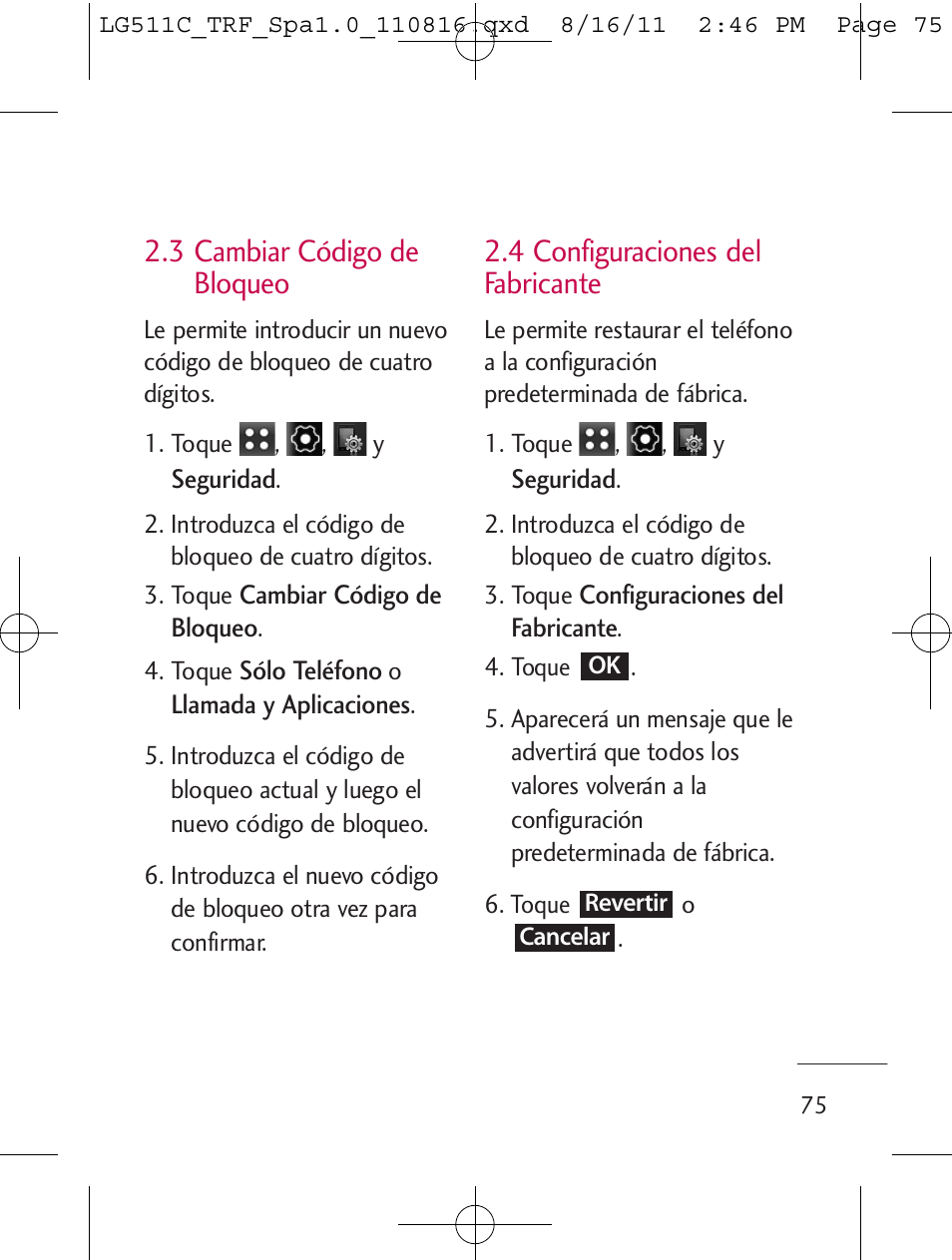 3 cambiar código de bloqueo, 4 configuraciones del fabricante | LG LG511C User Manual | Page 189 / 240