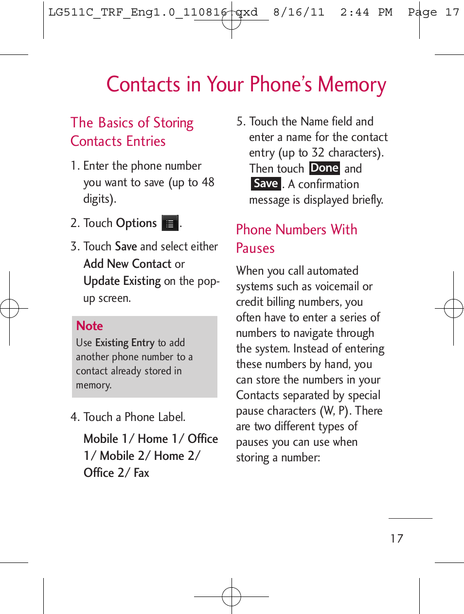 The basics of storing contacts entries, Phone numbers with pauses | LG LG511C User Manual | Page 19 / 240