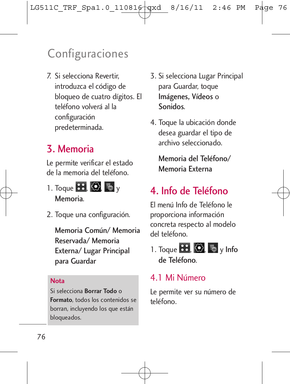 Configuraciones, Info de teléfono, 1 mi número | LG LG511C User Manual | Page 190 / 240