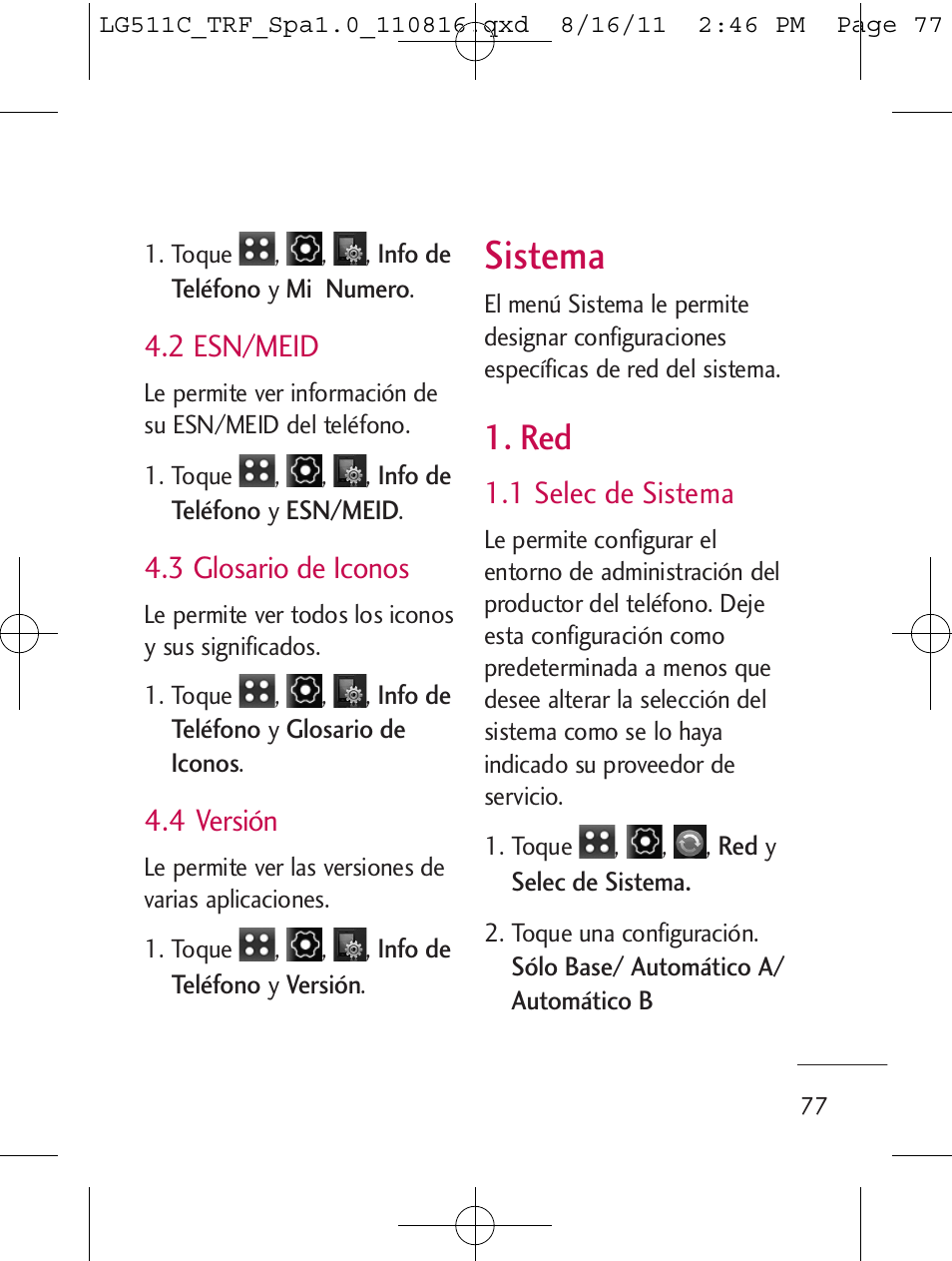 Sistema, 2 esn/meid, 3 glosario de iconos | 4 versión, 1 selec de sistema | LG LG511C User Manual | Page 191 / 240