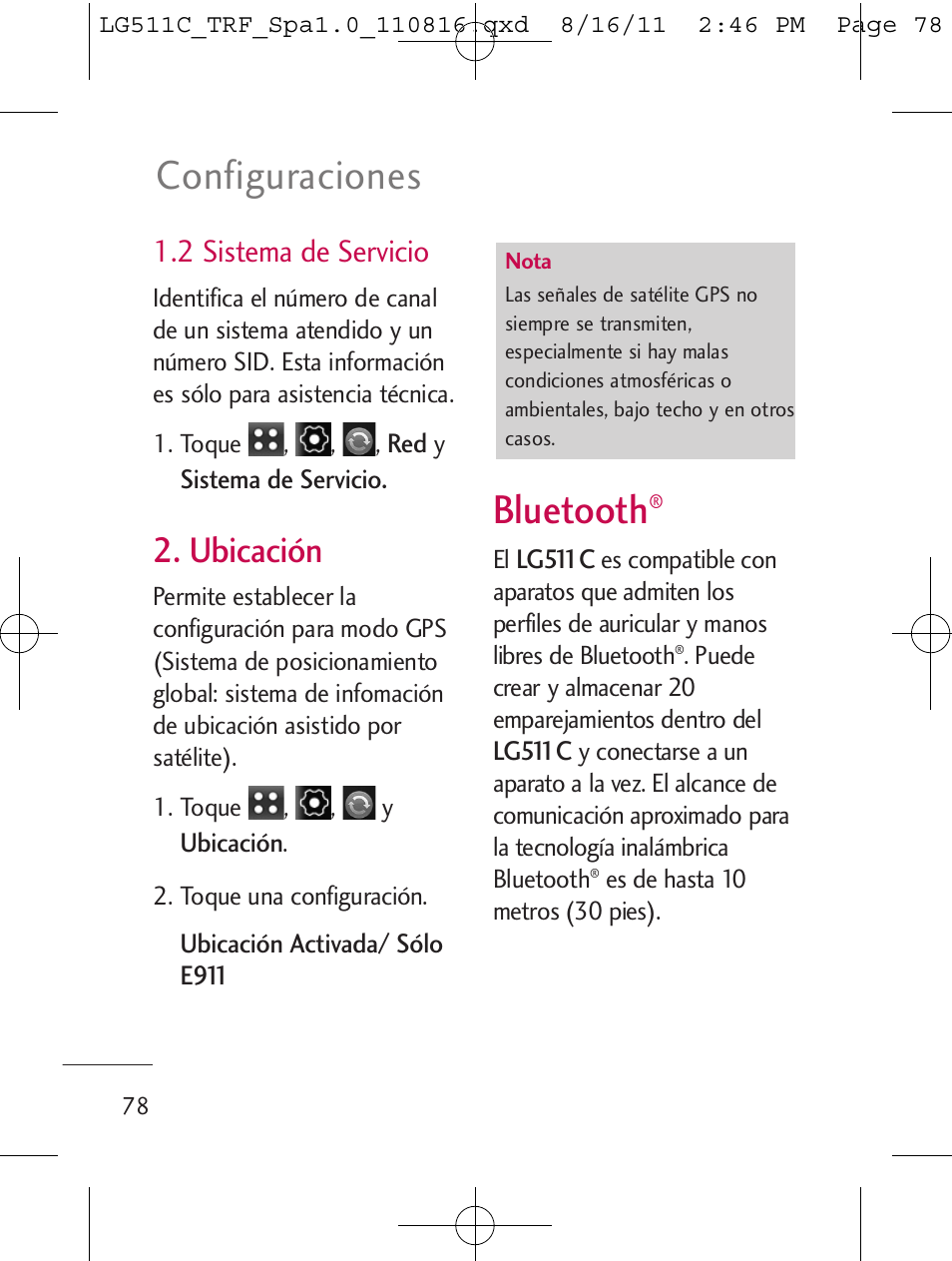 Bluetooth, Configuraciones, Ubicación | 2 sistema de servicio | LG LG511C User Manual | Page 192 / 240