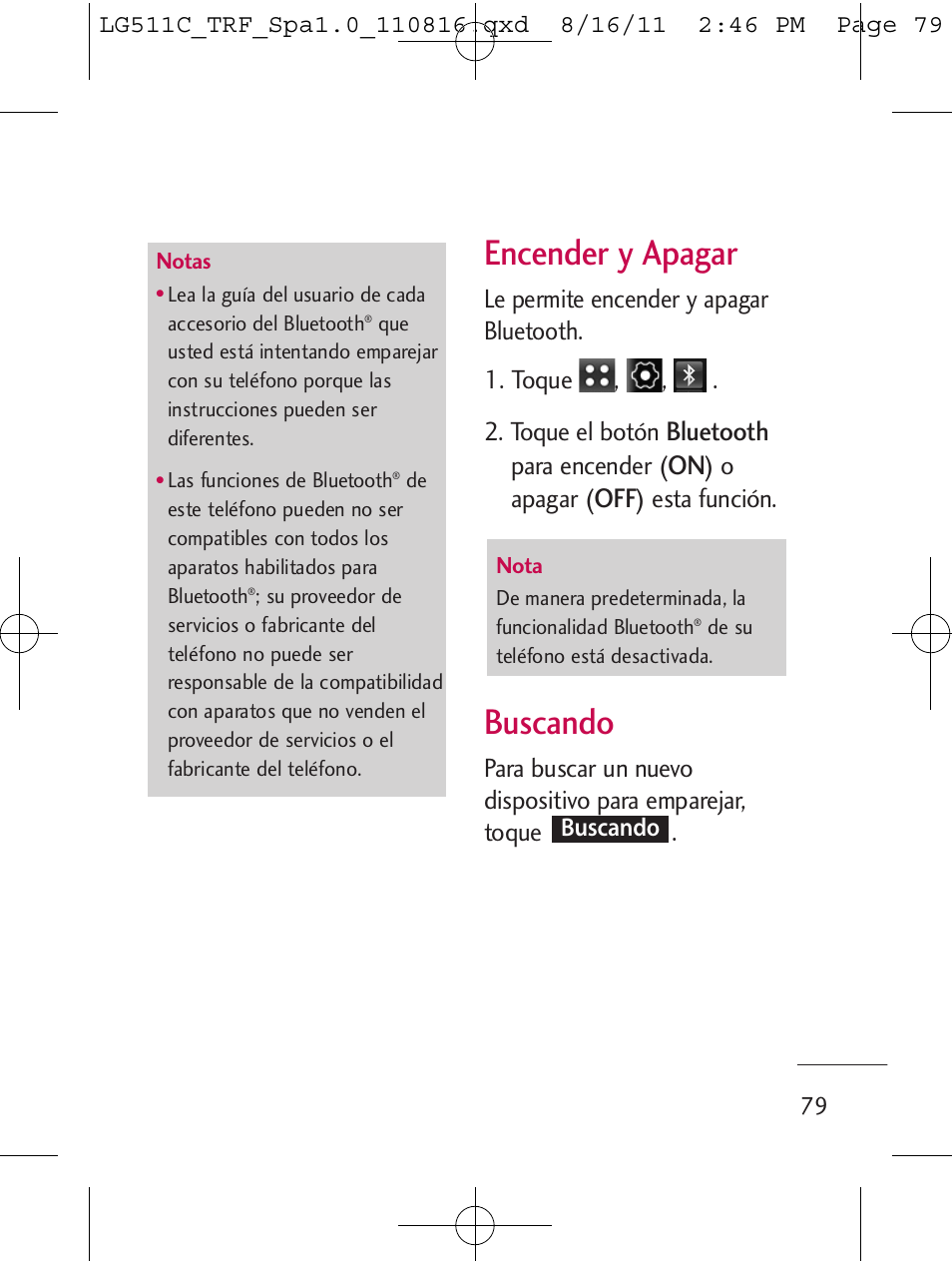 Encender y apagar, Buscando, Bluetooth | LG LG511C User Manual | Page 193 / 240