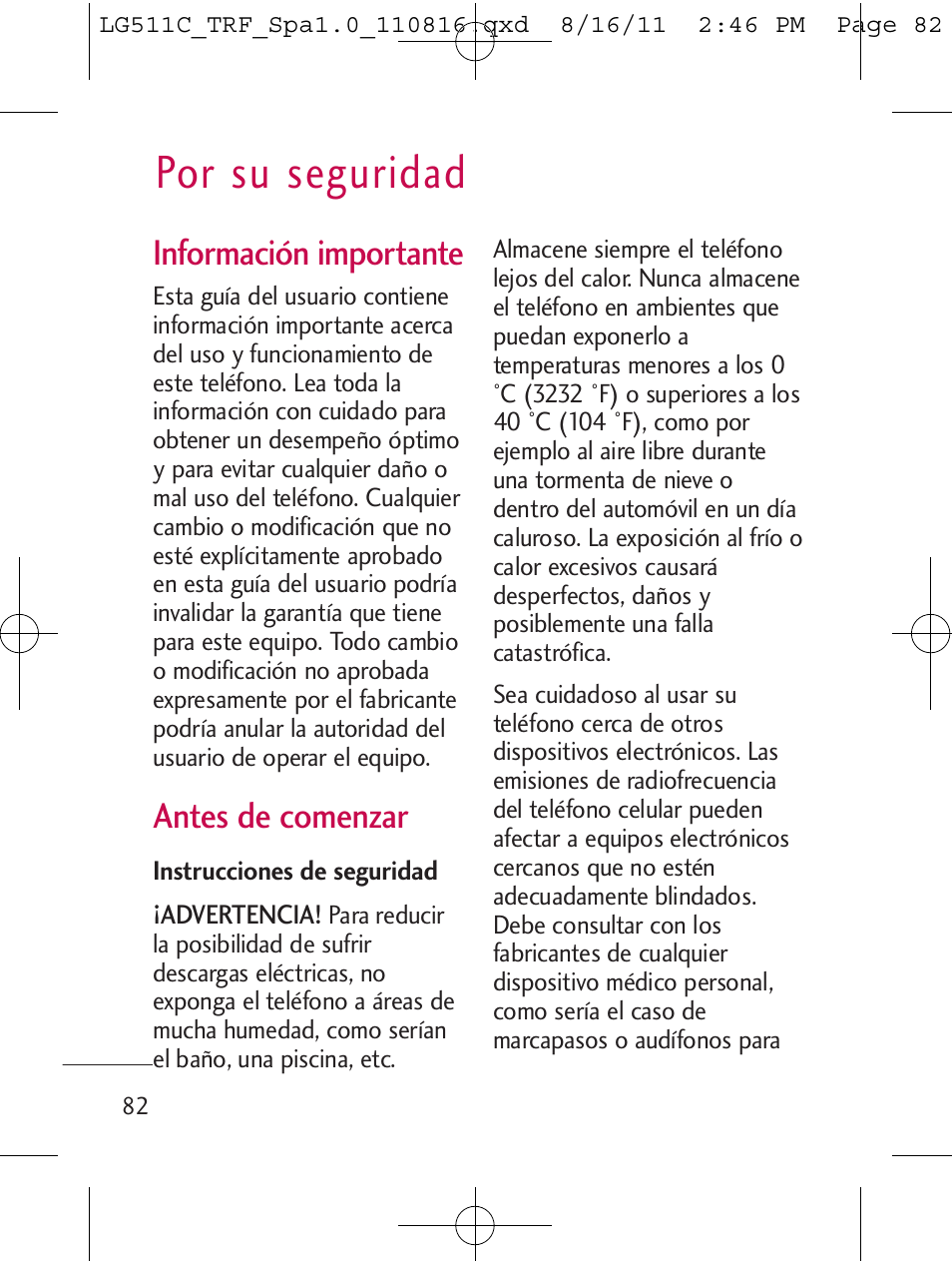 Por su seguridad, Información importante, Antes de comenzar | LG LG511C User Manual | Page 196 / 240