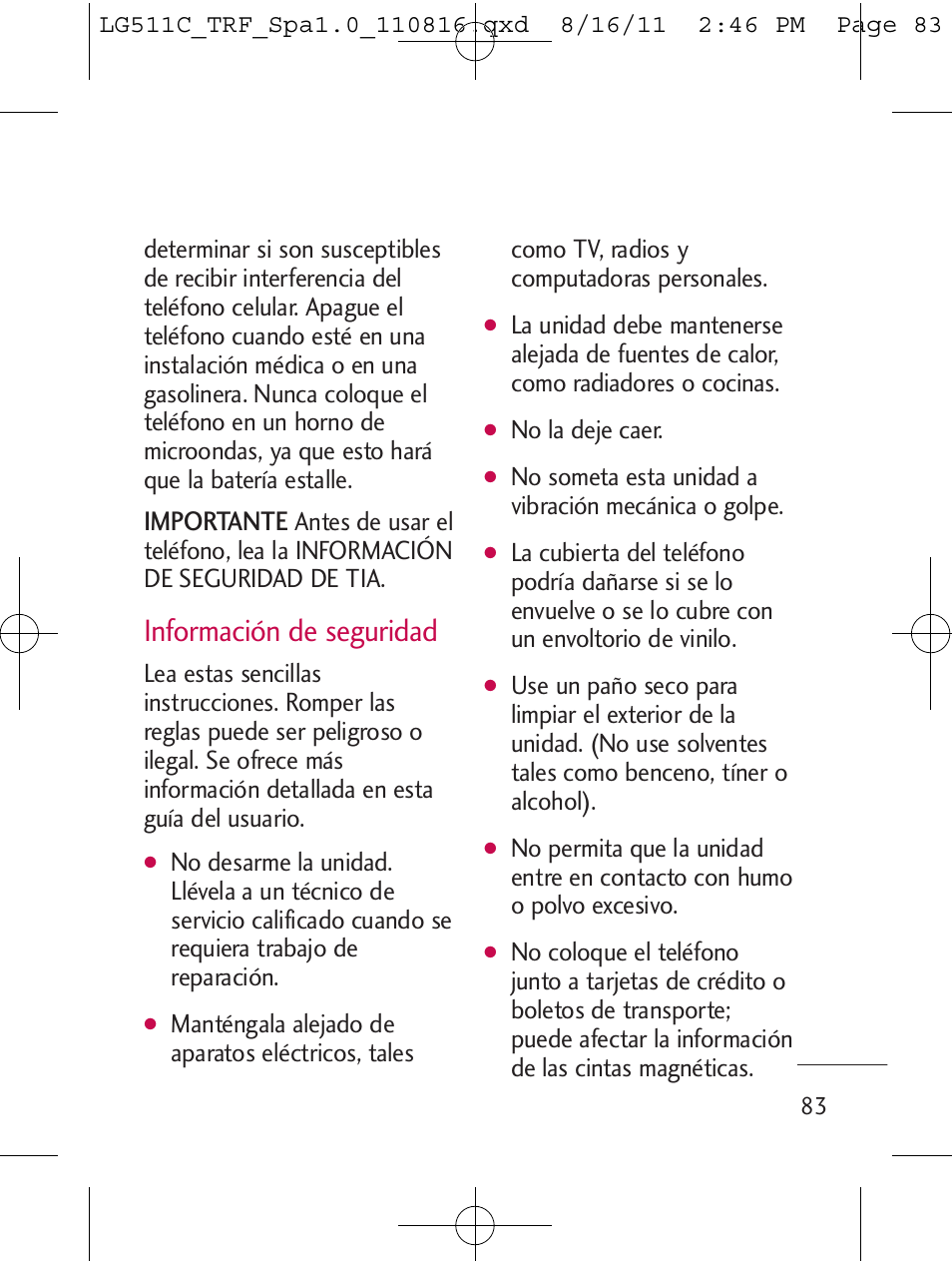 Información de seguridad, Importante | LG LG511C User Manual | Page 197 / 240