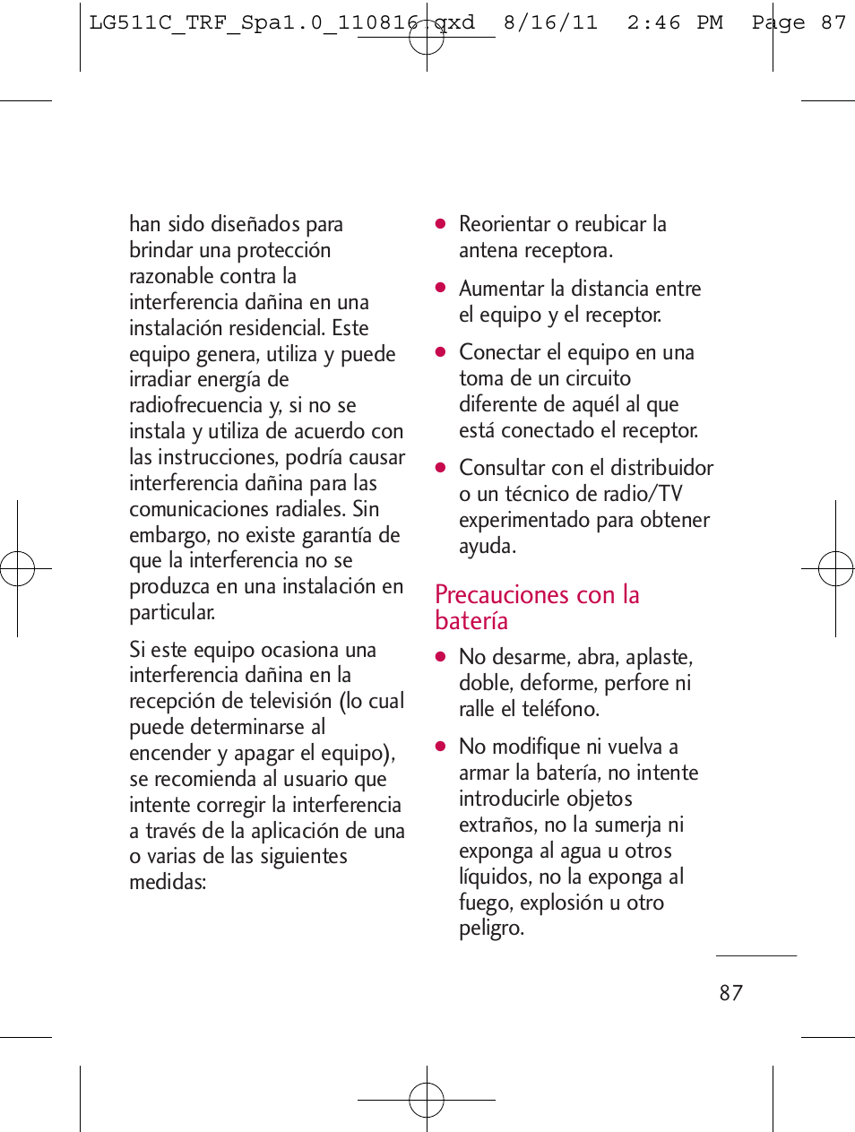 Precauciones con la batería | LG LG511C User Manual | Page 201 / 240