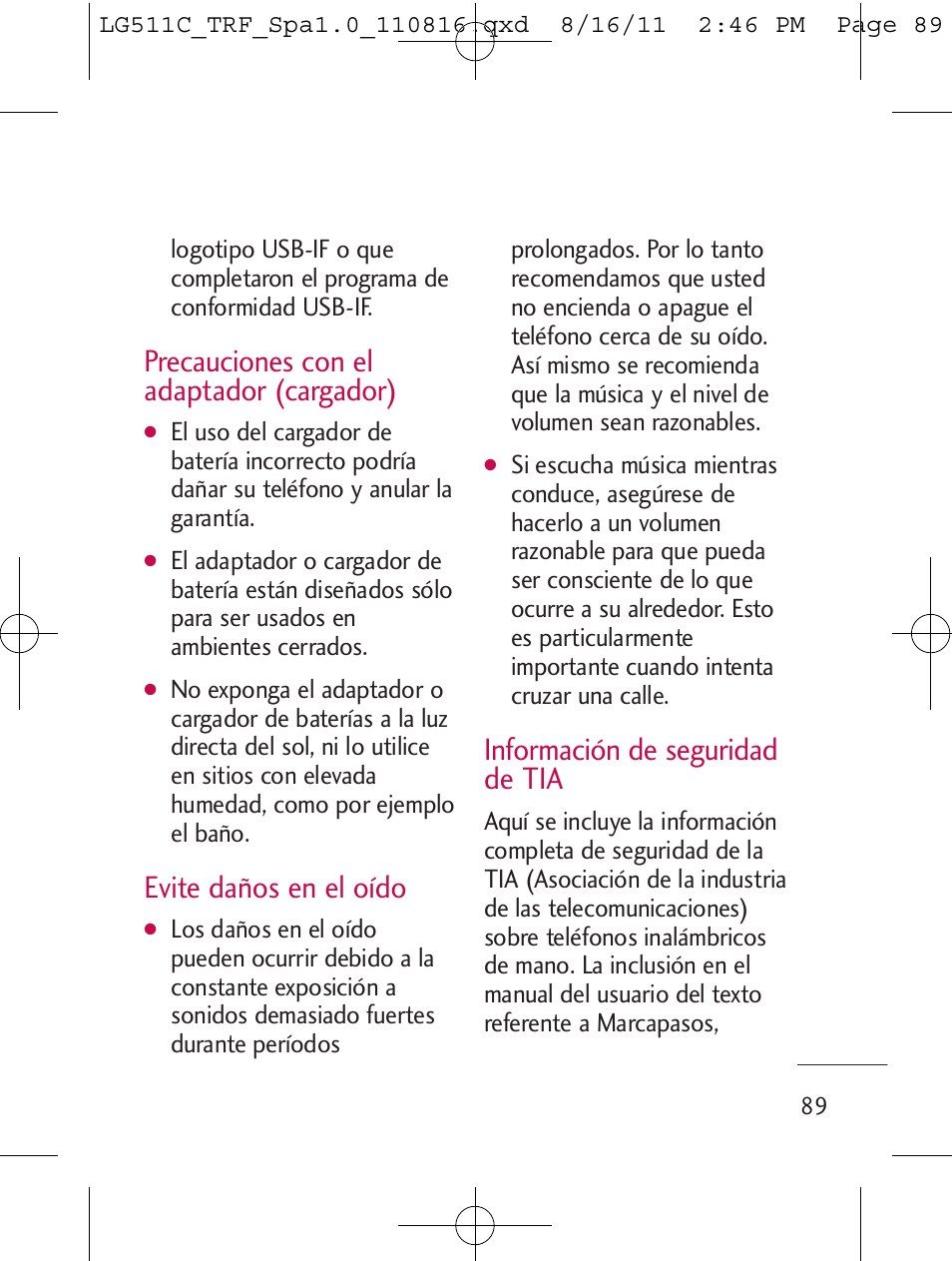 Precauciones con el adaptador (cargador), Evite daños en el oído, Información de seguridad de tia | LG LG511C User Manual | Page 203 / 240