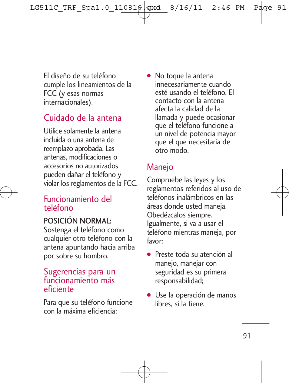 Cuidado de la antena, Funcionamiento del teléfono, Sugerencias para un funcionamiento más eficiente | Manejo | LG LG511C User Manual | Page 205 / 240