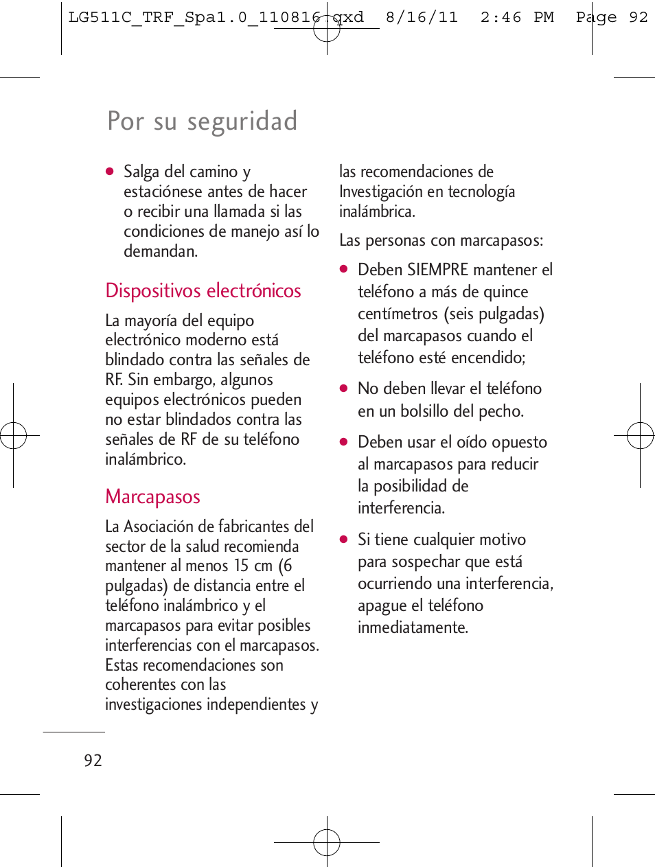 Por su seguridad, Dispositivos electrónicos, Marcapasos | LG LG511C User Manual | Page 206 / 240