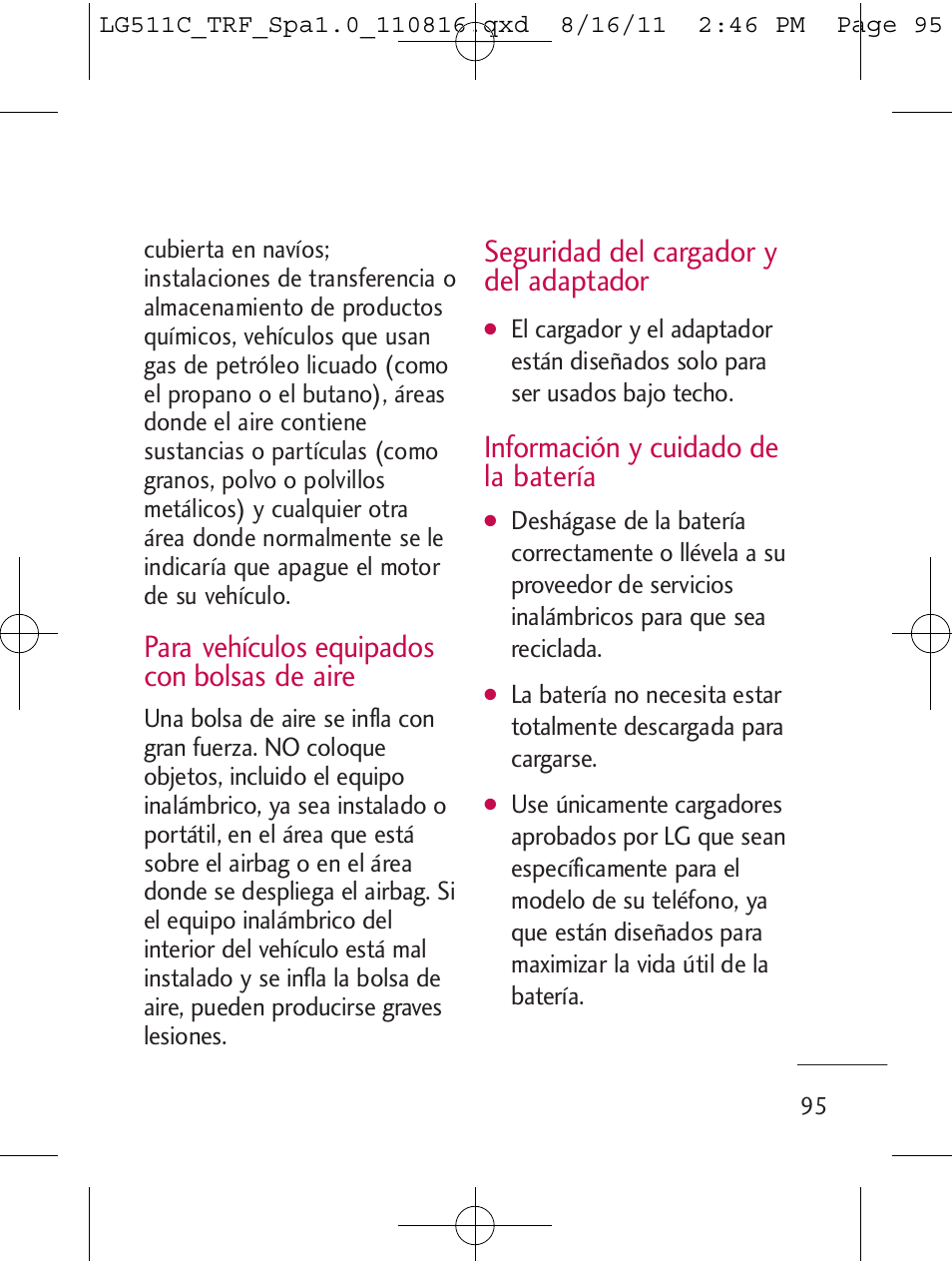 Para vehículos equipados con bolsas de aire, Seguridad del cargador y del adaptador, Información y cuidado de la batería | LG LG511C User Manual | Page 209 / 240