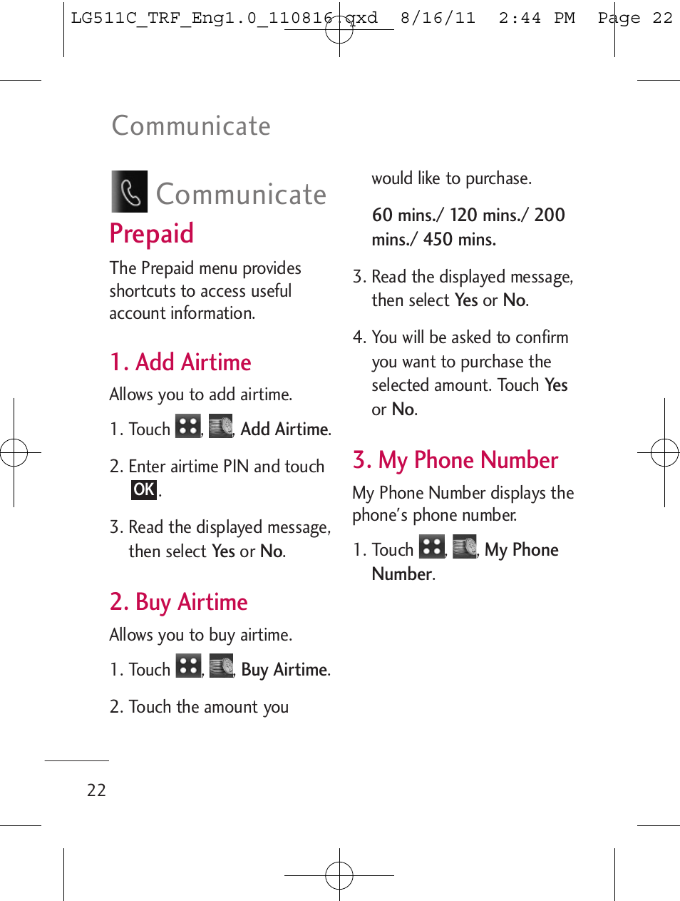 Communicate, Prepaid, Add airtime | Buy airtime, My phone number | LG LG511C User Manual | Page 24 / 240