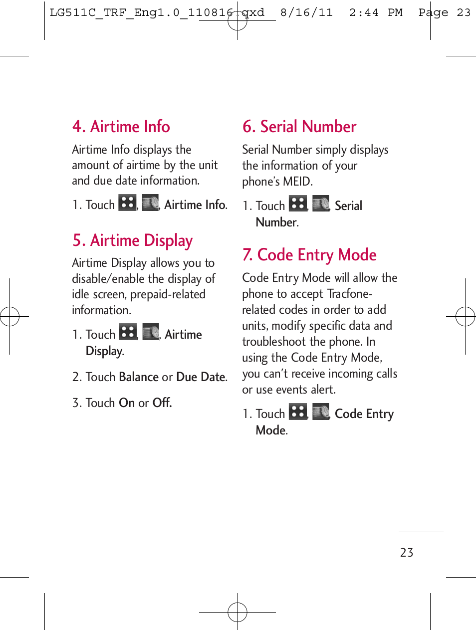 Airtime info, Airtime display, Serial number | Code entry mode | LG LG511C User Manual | Page 25 / 240