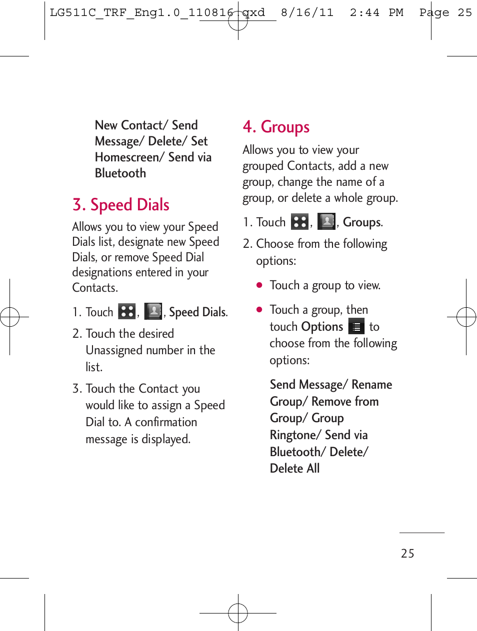 Speed dials, Groups | LG LG511C User Manual | Page 27 / 240