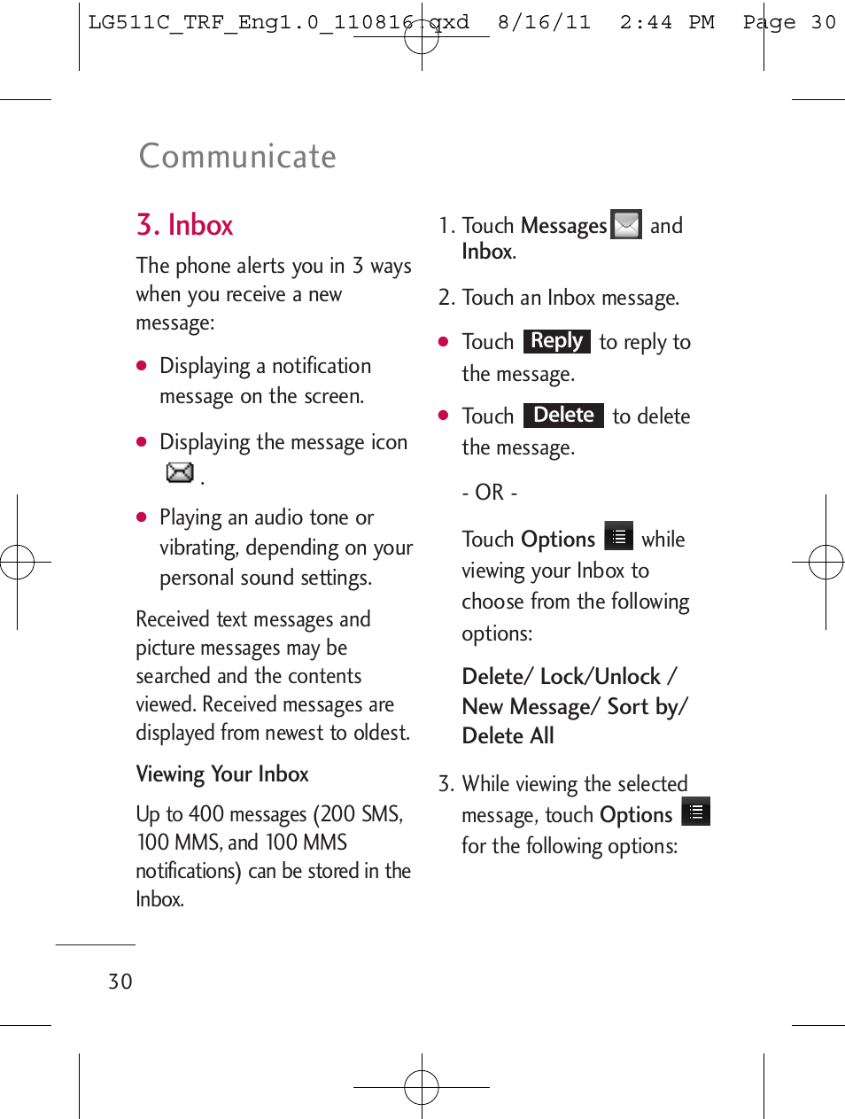 Communicate, Inbox | LG LG511C User Manual | Page 32 / 240