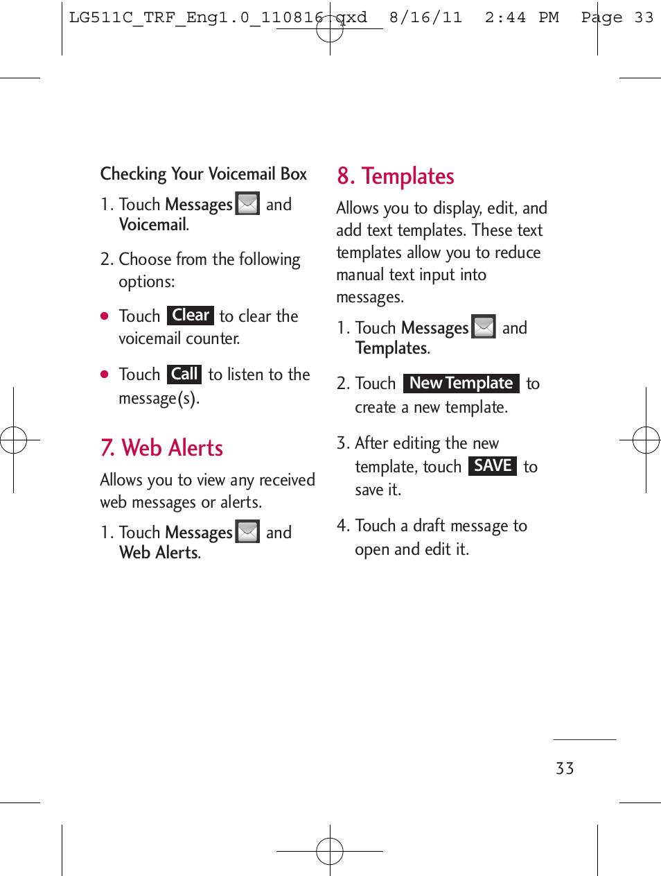 Web alerts, Templates | LG LG511C User Manual | Page 35 / 240