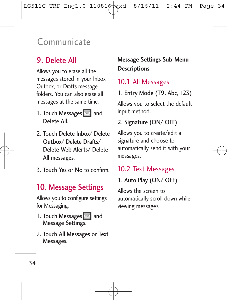 Communicate, Delete all, Message settings | 1 all messages, 2 text messages | LG LG511C User Manual | Page 36 / 240