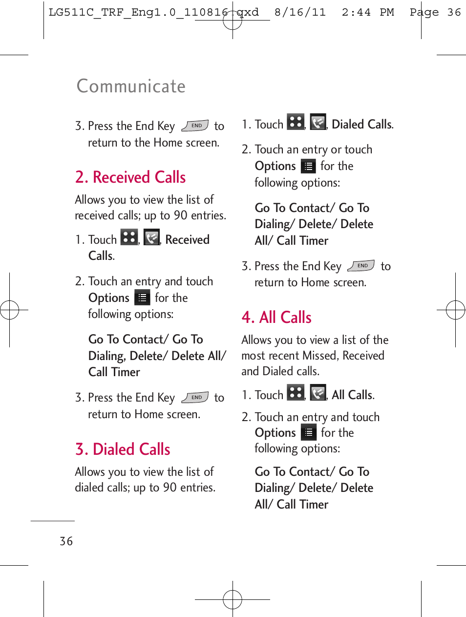 Communicate, Received calls, Dialed calls | All calls | LG LG511C User Manual | Page 38 / 240