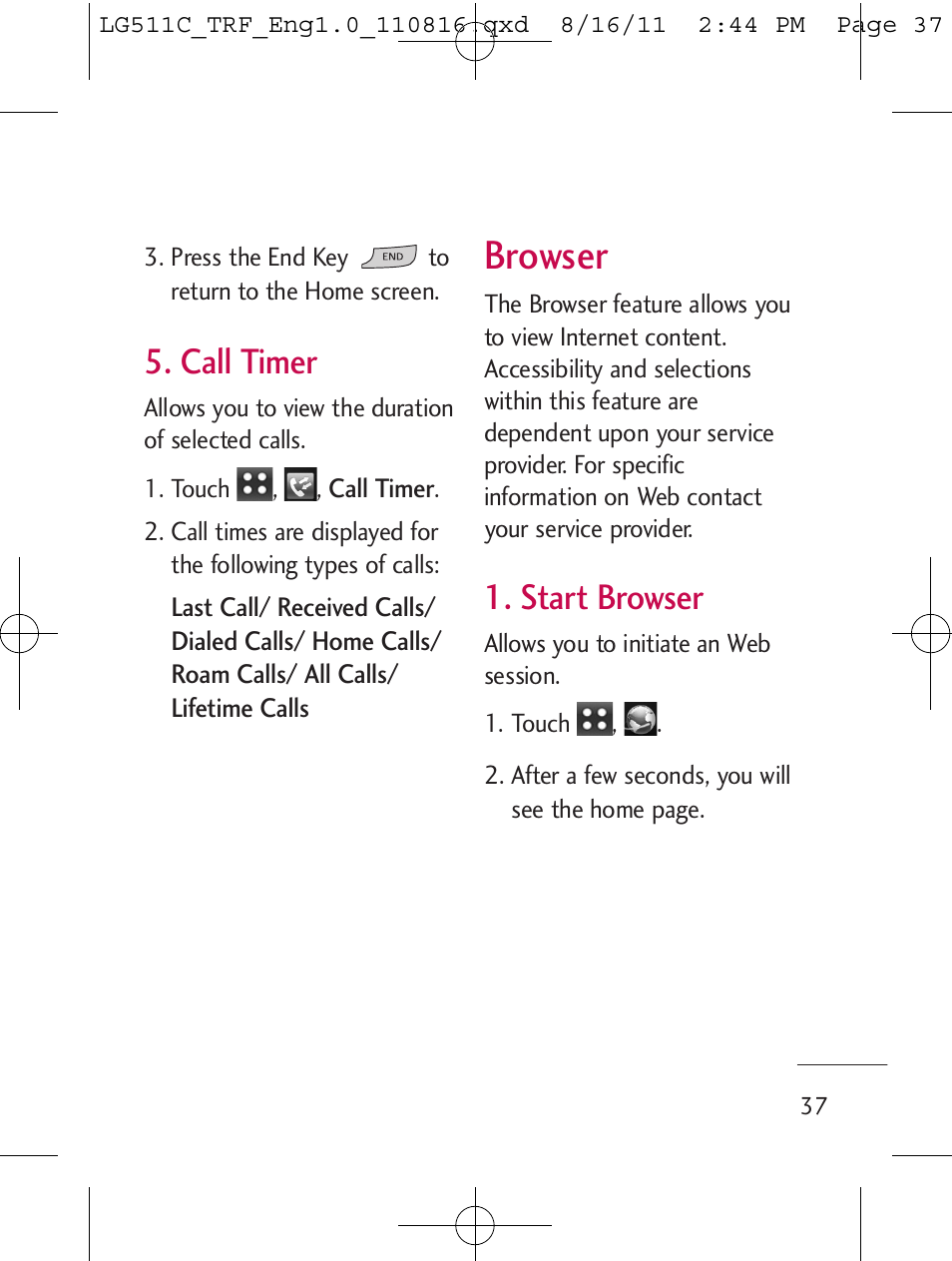 Browser, Call timer, Start browser | LG LG511C User Manual | Page 39 / 240