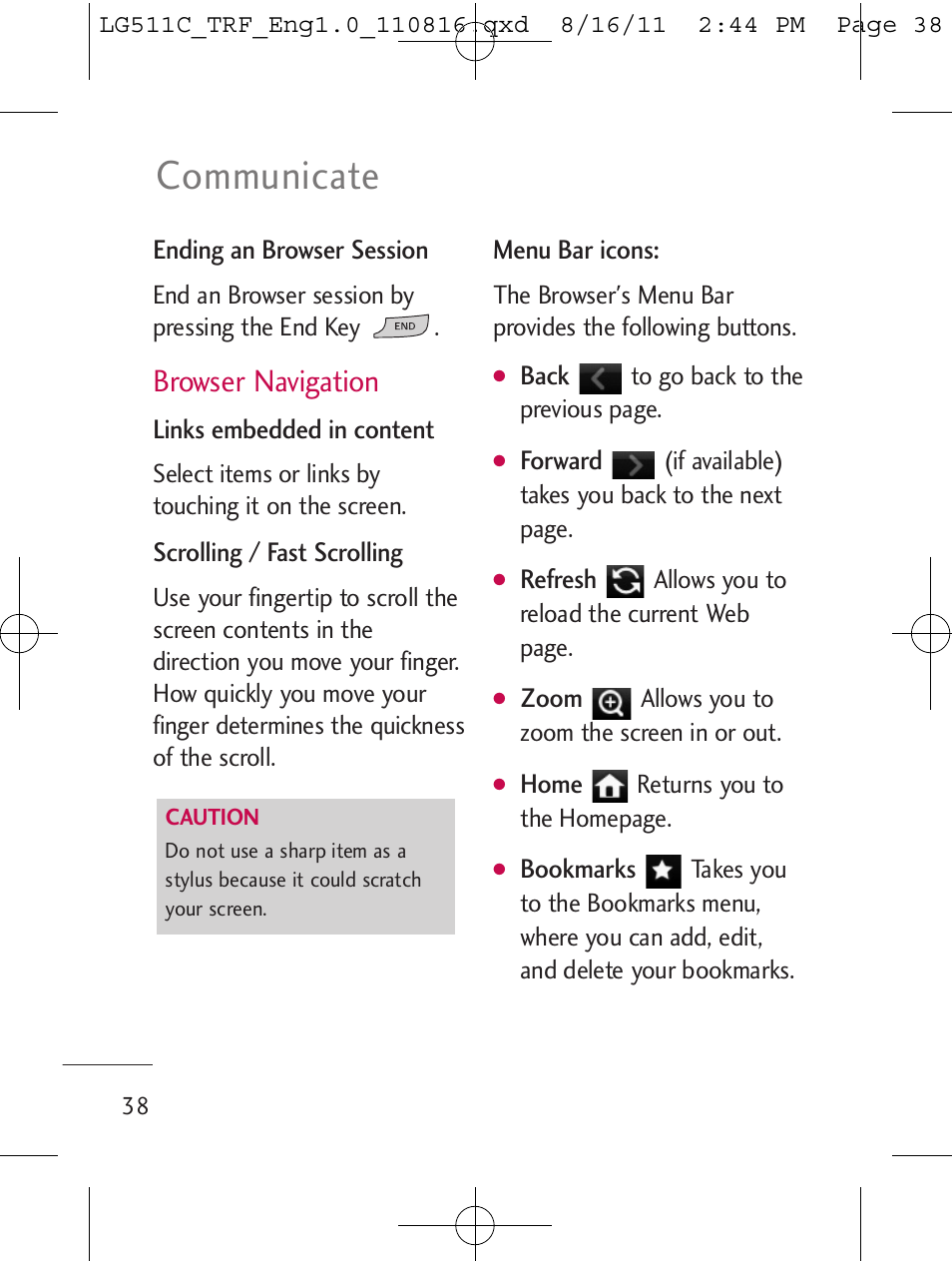 Communicate, Browser navigation | LG LG511C User Manual | Page 40 / 240