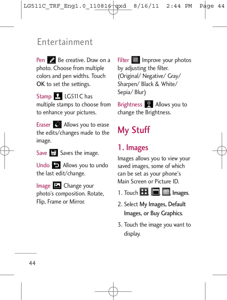 My stuff, Entertainment, Images | LG LG511C User Manual | Page 46 / 240
