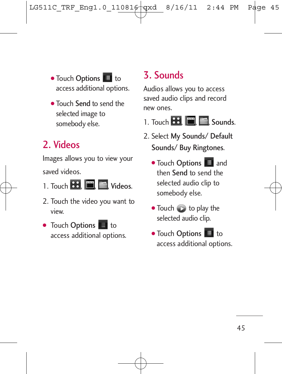 Videos, Sounds | LG LG511C User Manual | Page 47 / 240