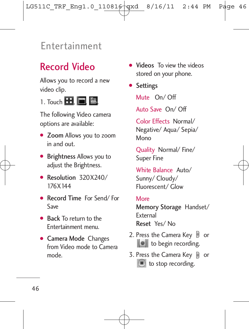 Record video, Entertainment | LG LG511C User Manual | Page 48 / 240