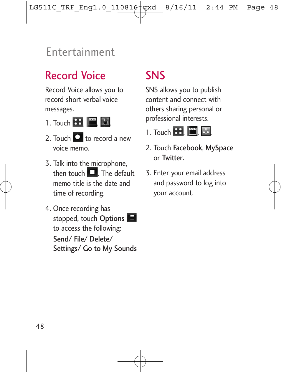 Record voice, Entertainment | LG LG511C User Manual | Page 50 / 240