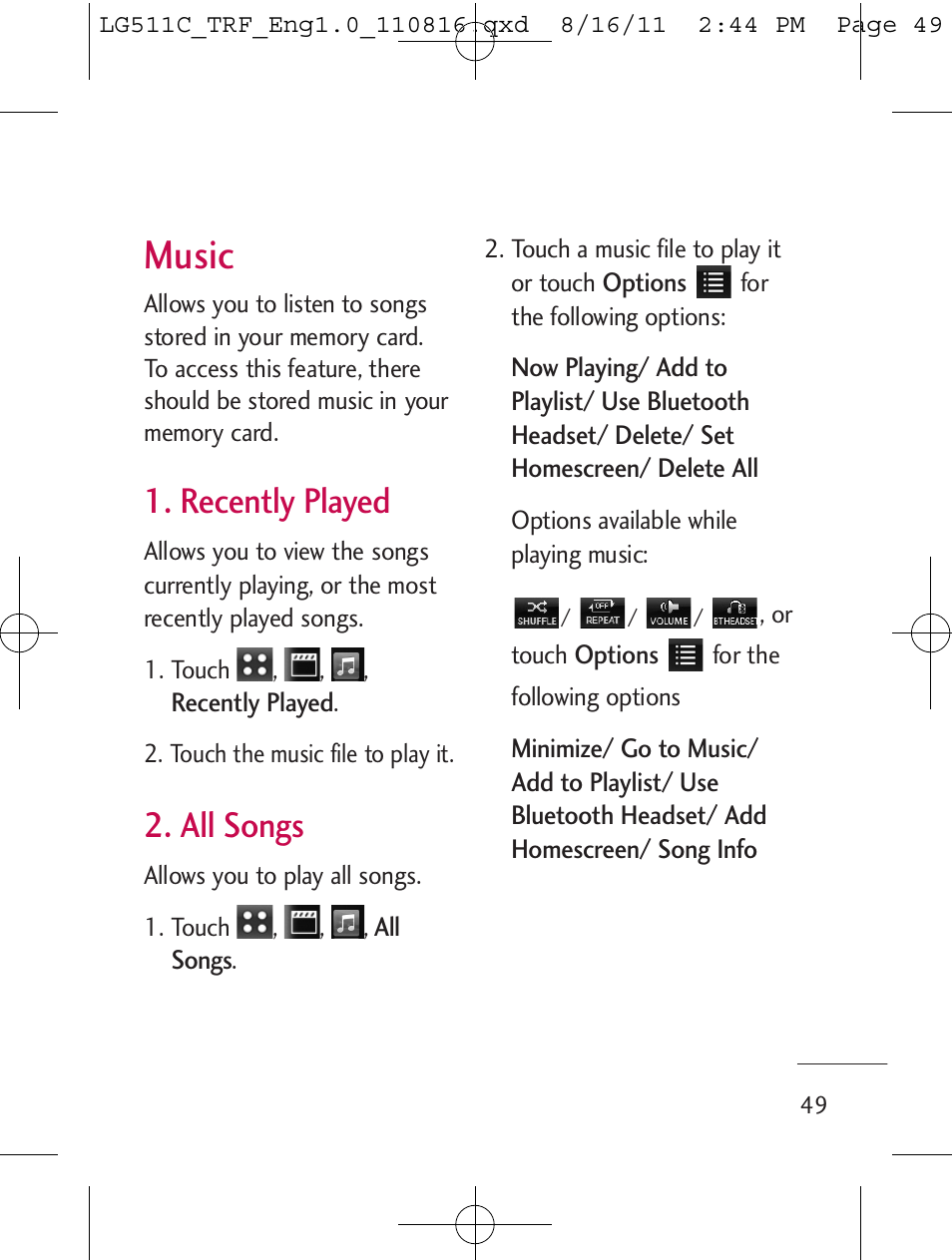Music, Recently played, All songs | LG LG511C User Manual | Page 51 / 240