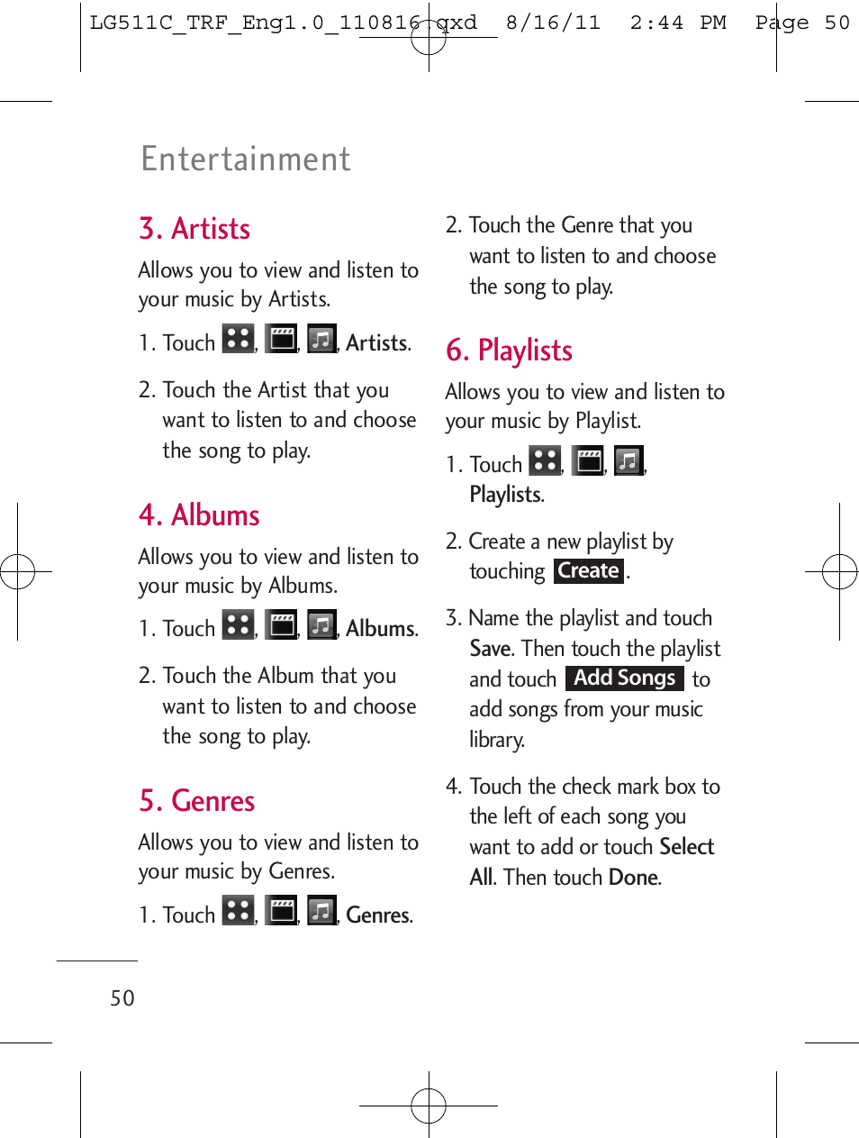 Entertainment, Artists, Albums | Genres, Playlists | LG LG511C User Manual | Page 52 / 240