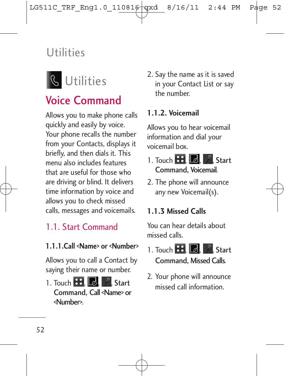 Utilities, Voice command | LG LG511C User Manual | Page 54 / 240