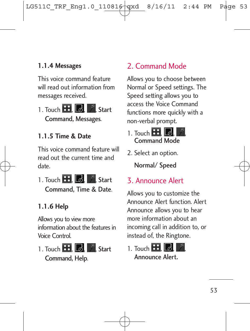 Command mode, Announce alert | LG LG511C User Manual | Page 55 / 240