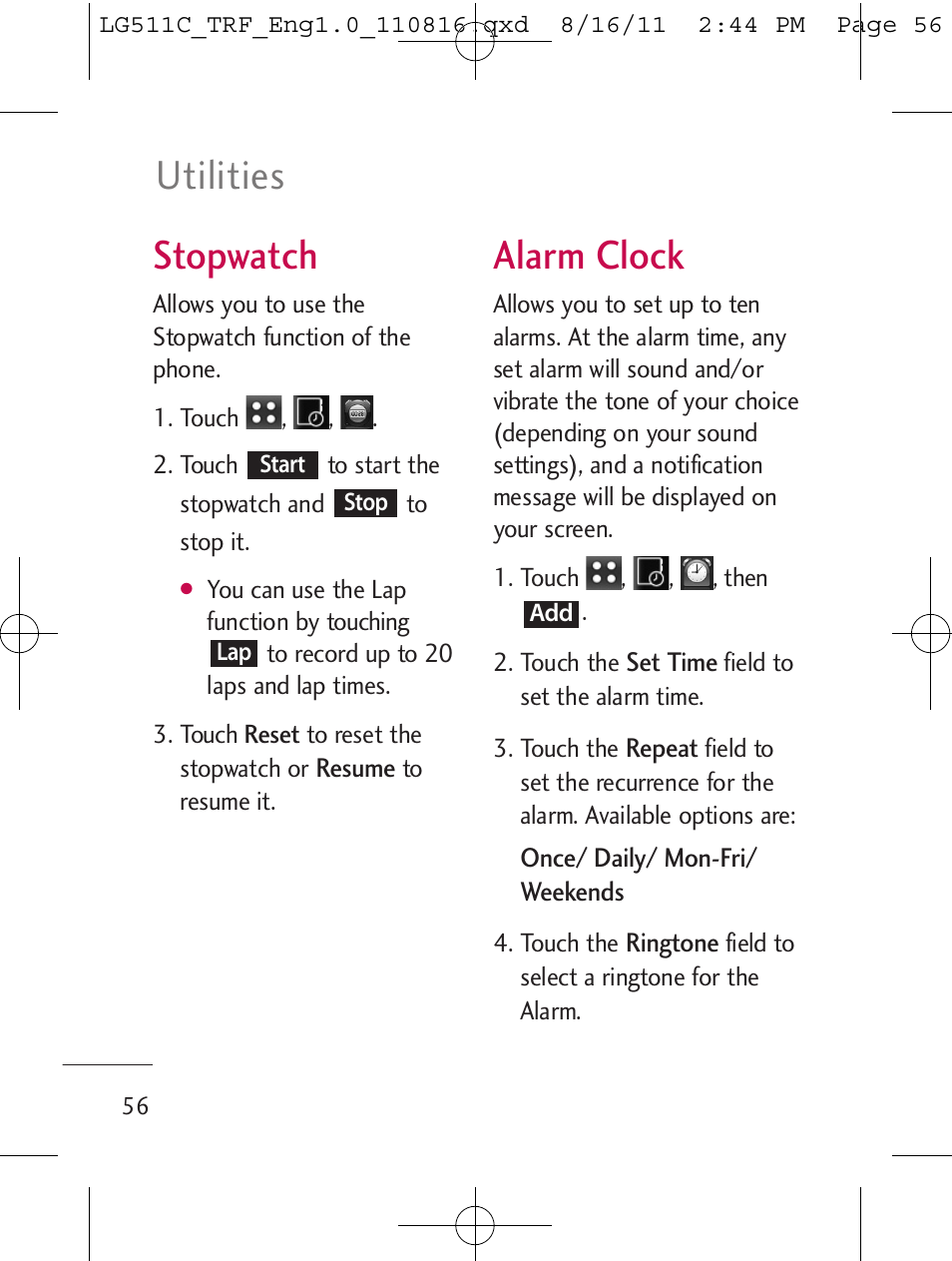 Stopwatch, Alarm clock, Utilities | LG LG511C User Manual | Page 58 / 240