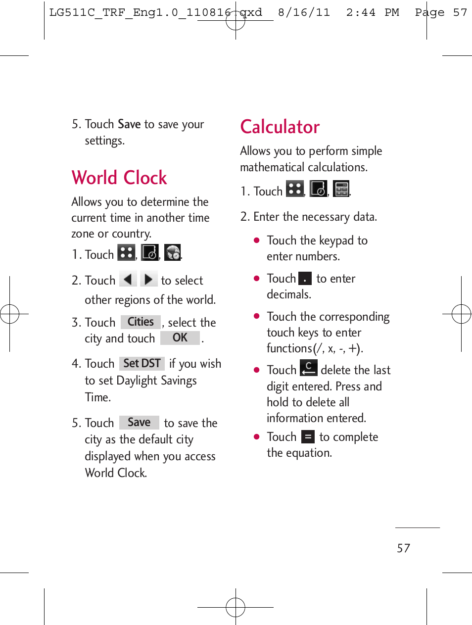 World clock, Calculator | LG LG511C User Manual | Page 59 / 240