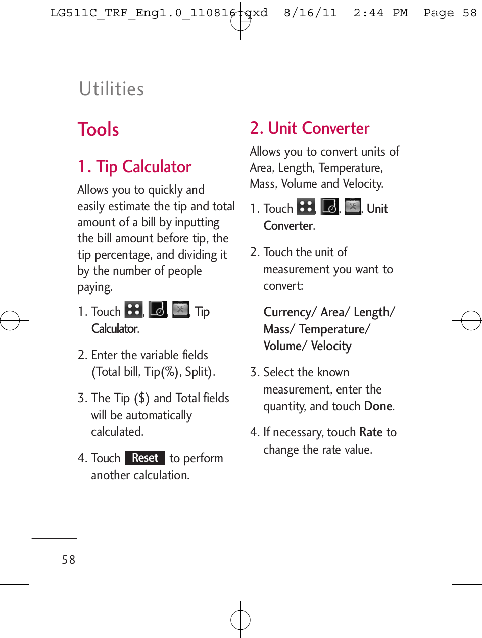 Tools, Utilities, Tip calculator | Unit converter | LG LG511C User Manual | Page 60 / 240