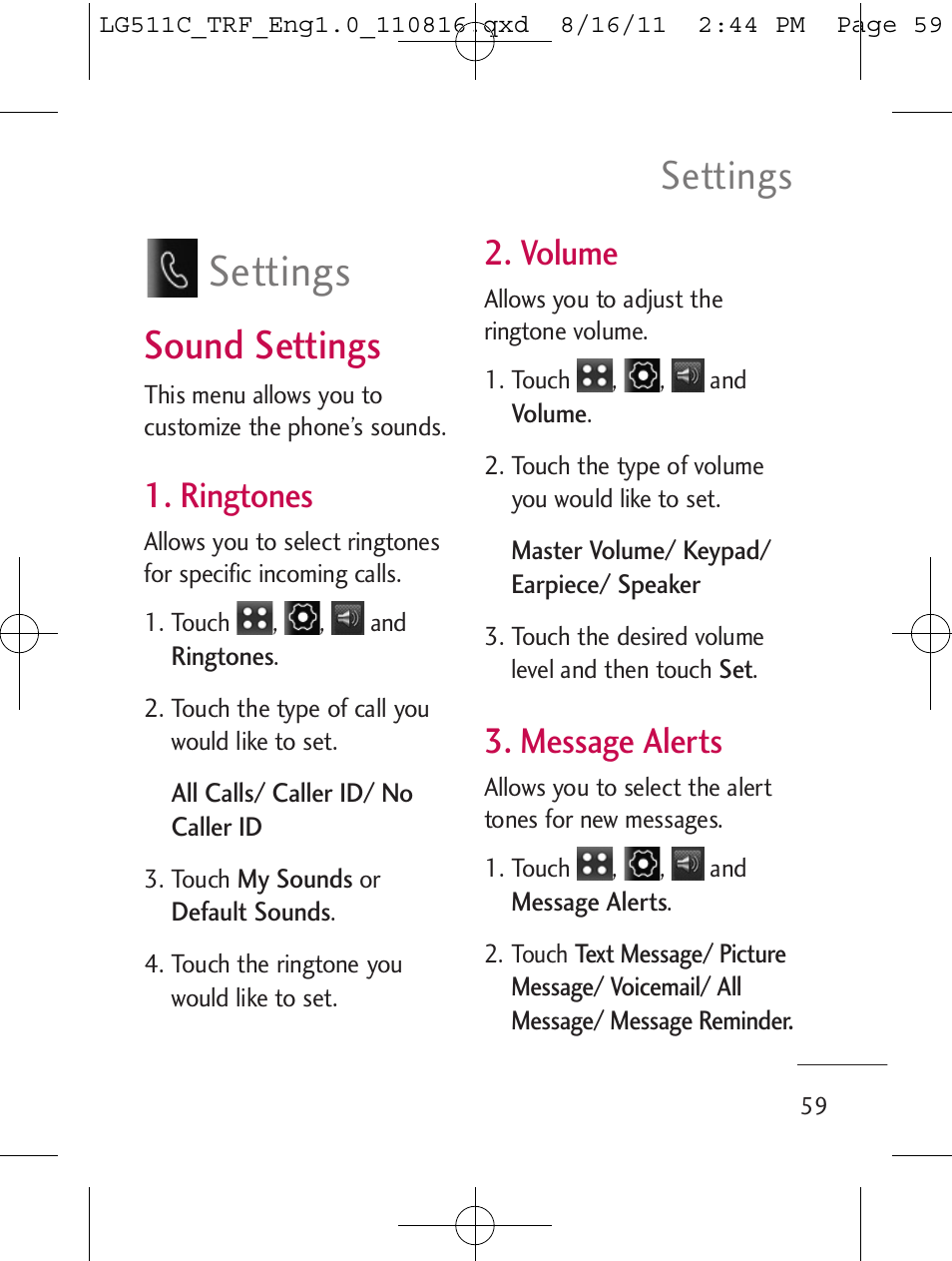 Settings, Sound settings, Ringtones | Volume, Message alerts | LG LG511C User Manual | Page 61 / 240