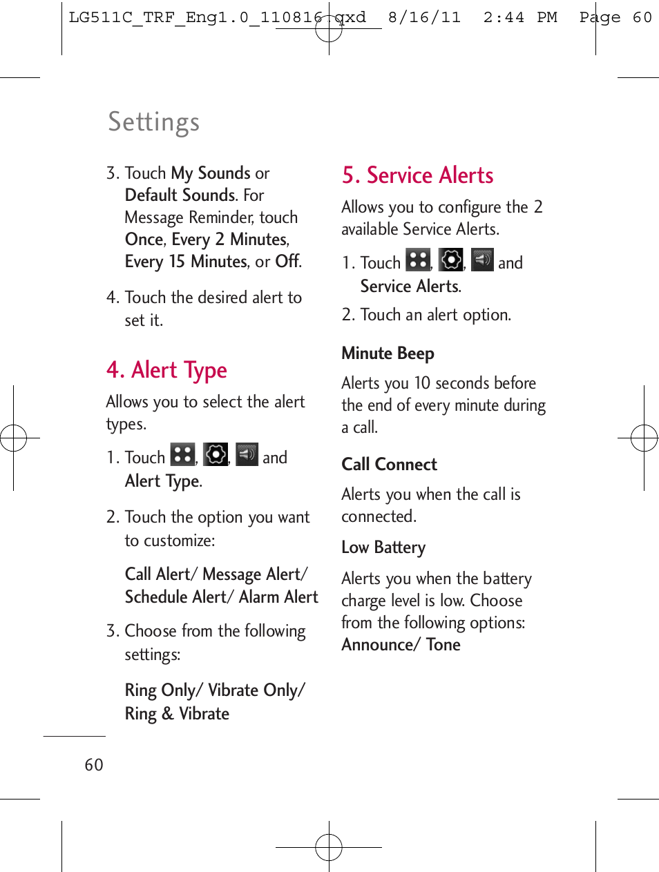 Settings, Alert type, Service alerts | LG LG511C User Manual | Page 62 / 240