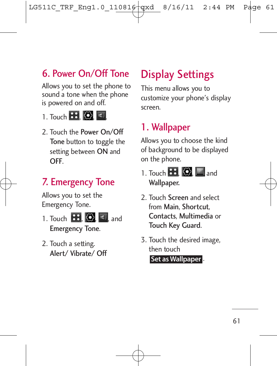 Display settings, Power on/off tone, Emergency tone | Wallpaper | LG LG511C User Manual | Page 63 / 240