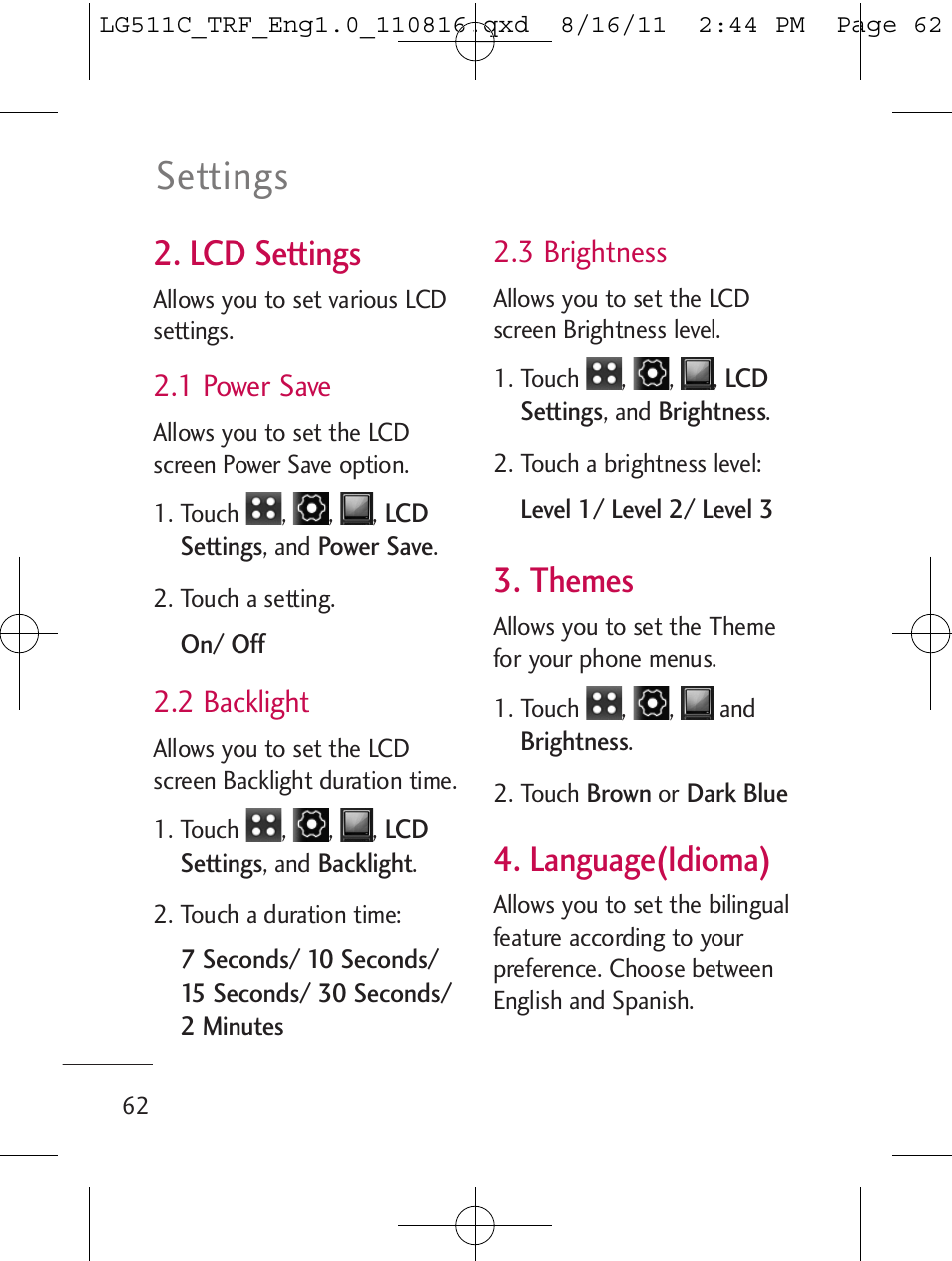 Settings, Lcd settings, Themes | Language(idioma), 1 power save, 2 backlight, 3 brightness | LG LG511C User Manual | Page 64 / 240