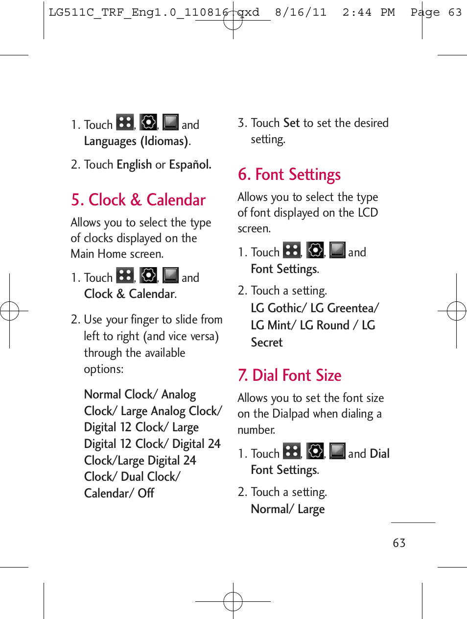 Clock & calendar, Font settings, Dial font size | LG LG511C User Manual | Page 65 / 240