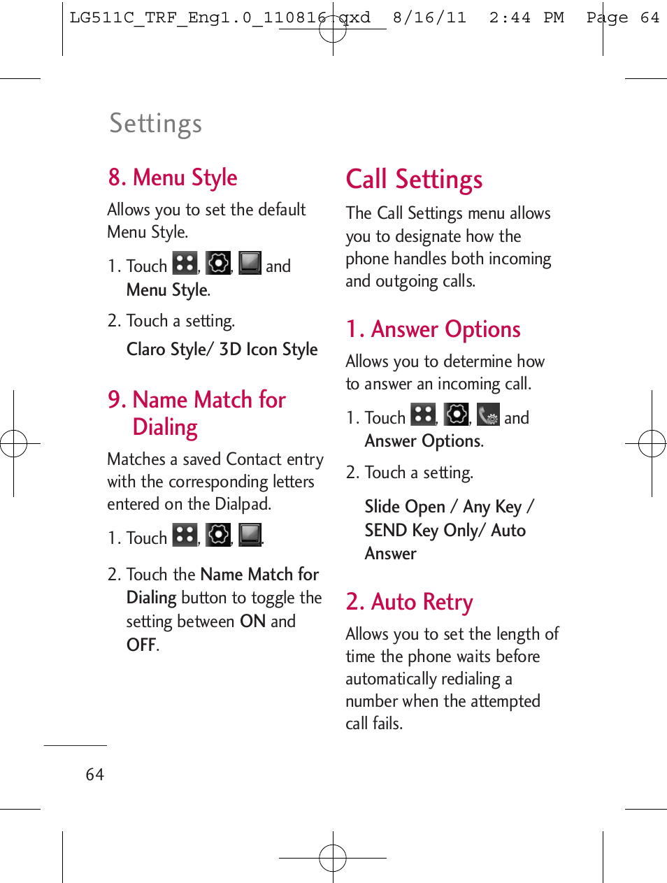 Call settings, Settings, Menu style | Name match for dialing, Answer options, Auto retry | LG LG511C User Manual | Page 66 / 240