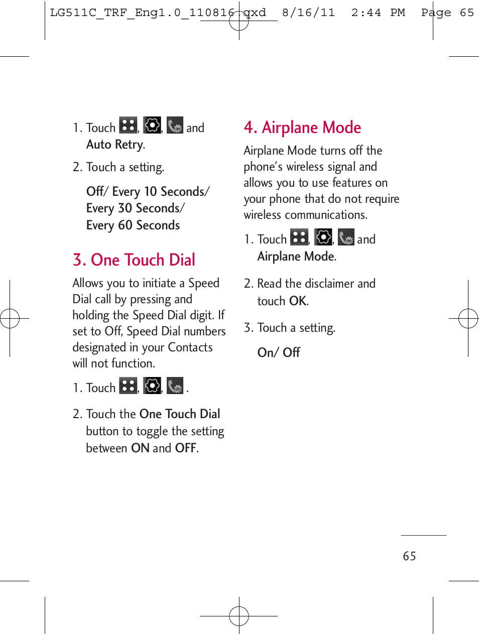 One touch dial, Airplane mode | LG LG511C User Manual | Page 67 / 240