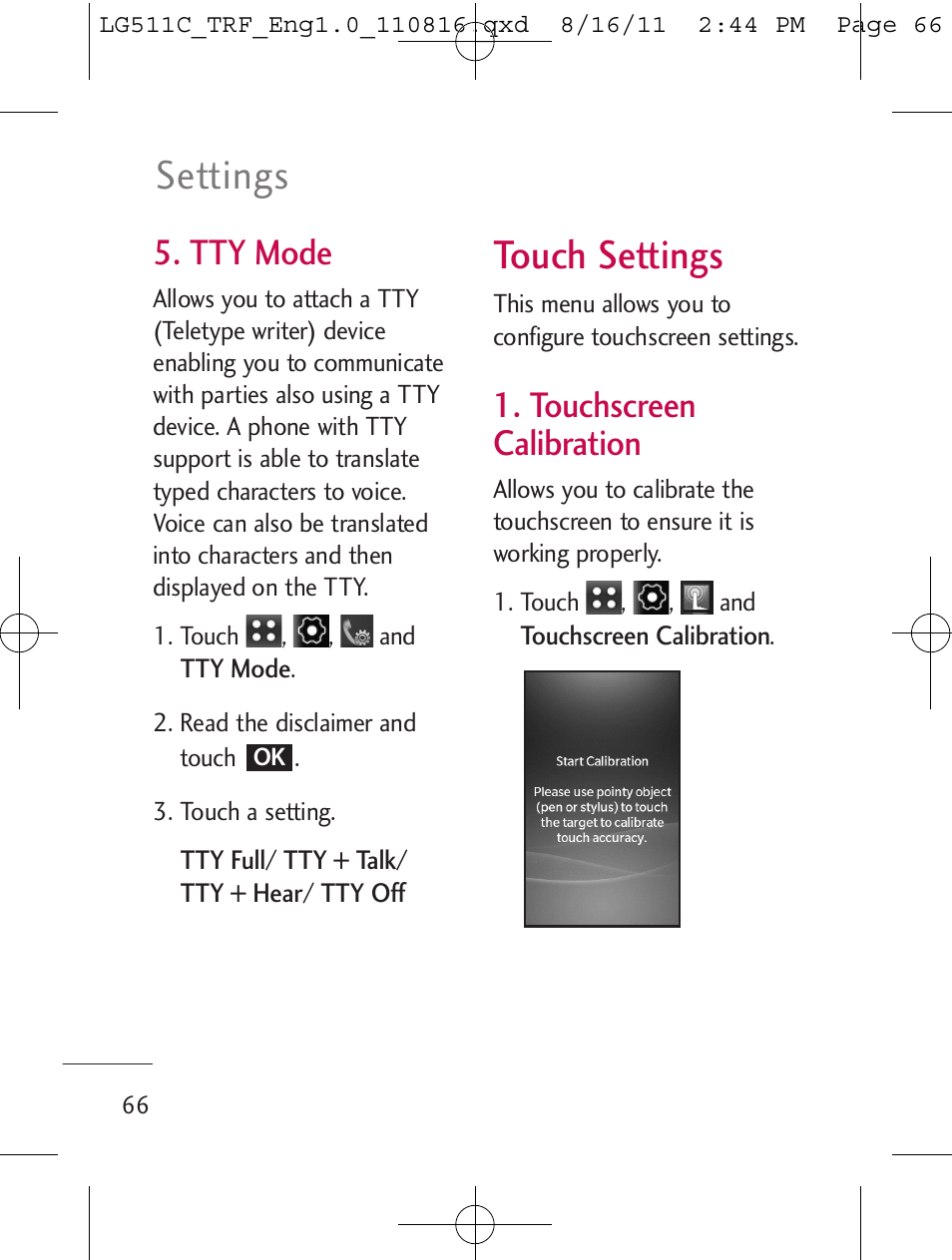 Touch settings, Settings, Tty mode | Touchscreen calibration | LG LG511C User Manual | Page 68 / 240