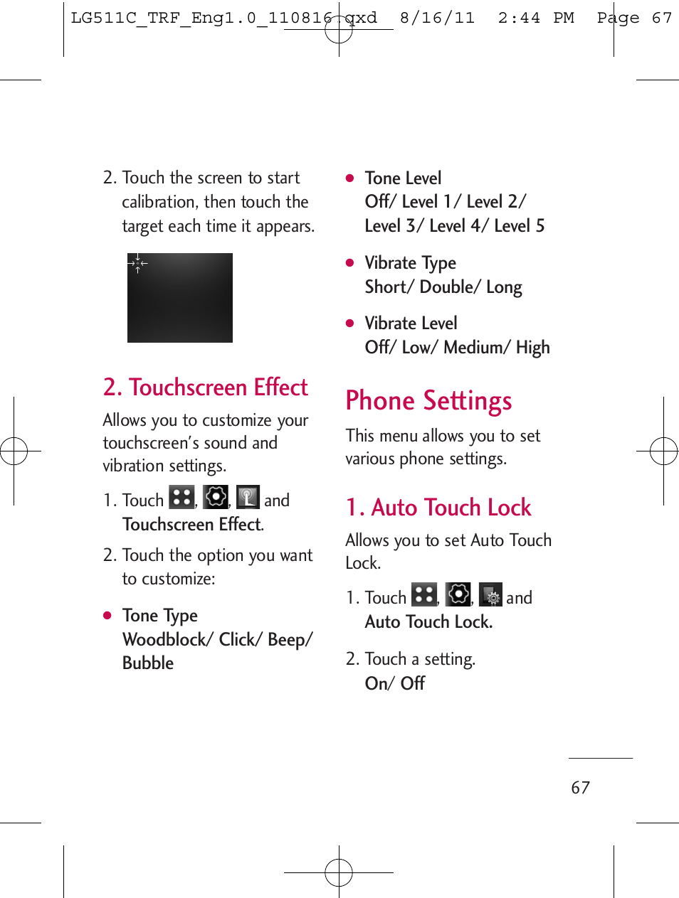 Phone settings, Touchscreen effect, Auto touch lock | LG LG511C User Manual | Page 69 / 240