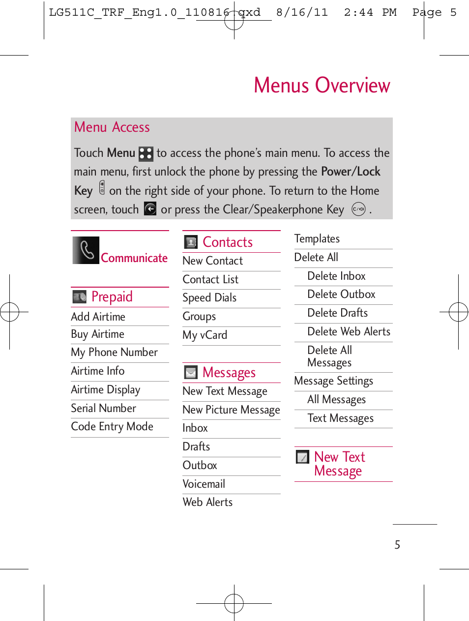 Menus overview, Prepaid, Contacts | Messages, New text message, Menu access | LG LG511C User Manual | Page 7 / 240